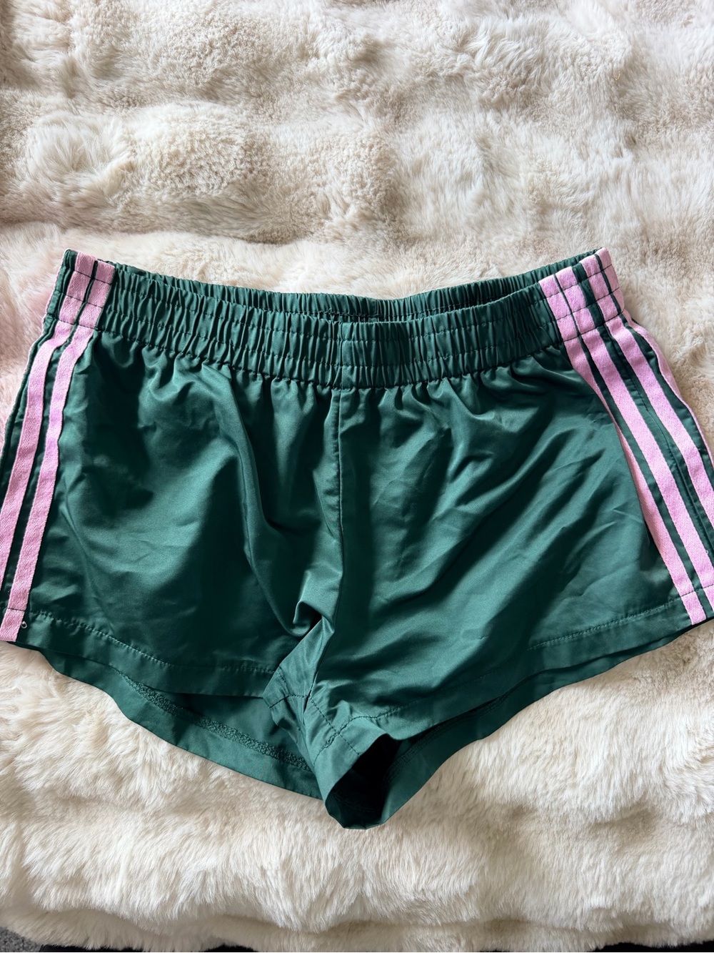 Edikted Green Athletic Shorts with Pink Side Stripes
